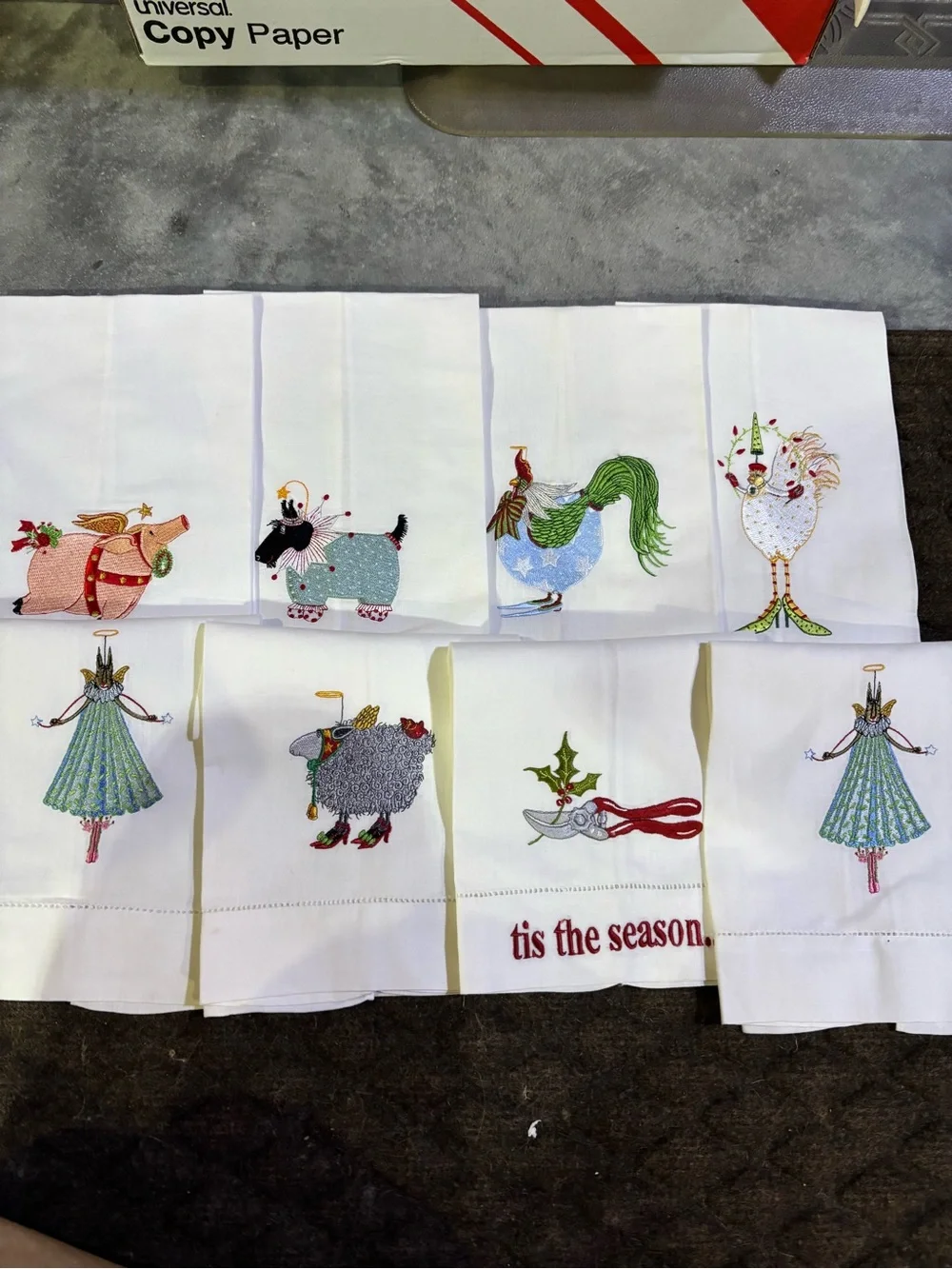 Patience Brewster Holiday Embroidered White Cotton Kitchen Towels - Set of 8